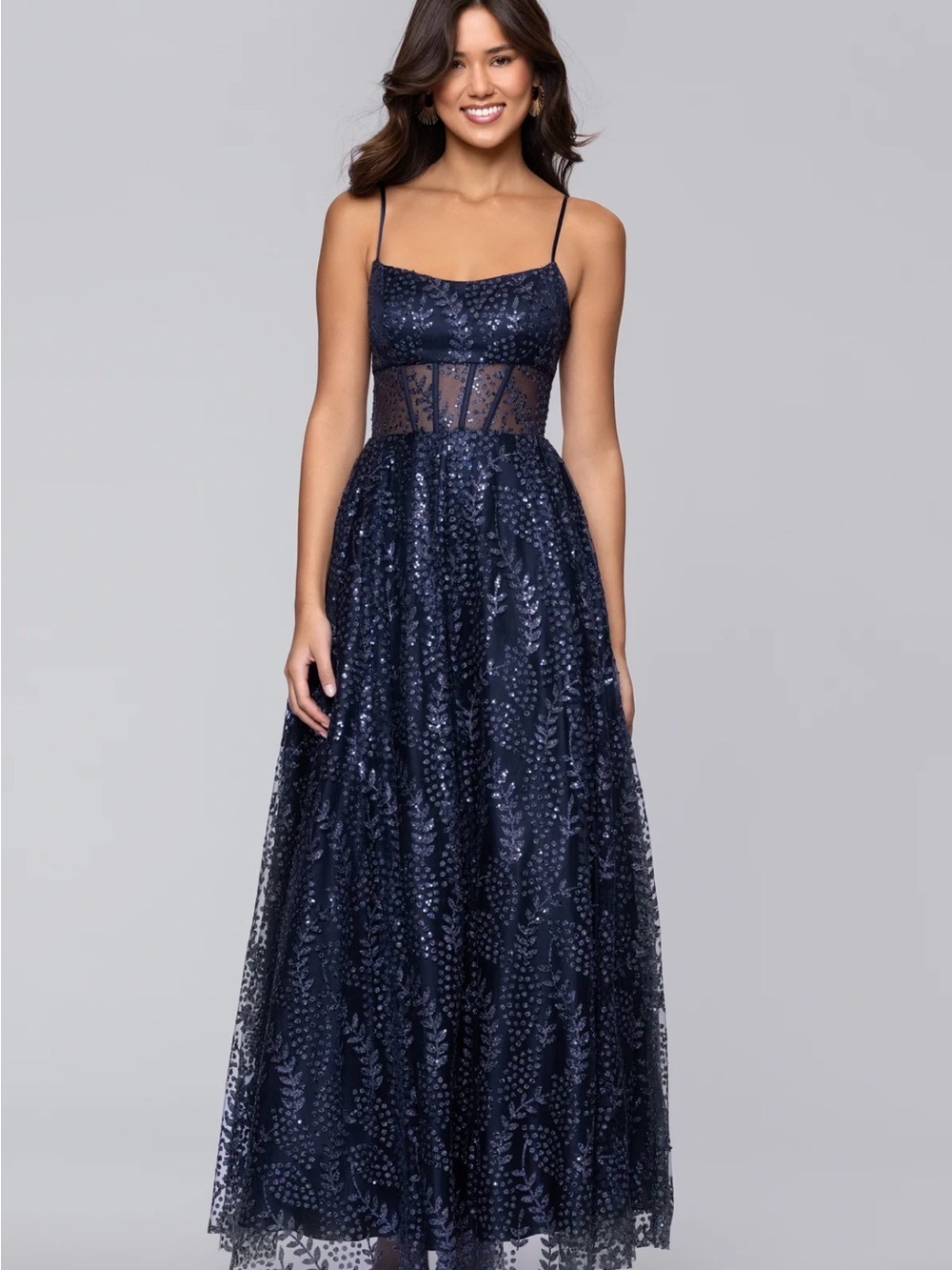 Blondie Nites Navy Sequin A-Line Prom Dress with Sheer Waist Size 7 junior